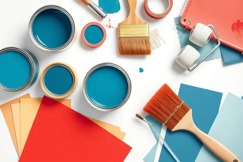 Pots de peinture, nuancier, brosses et rouleaux disposés à plat