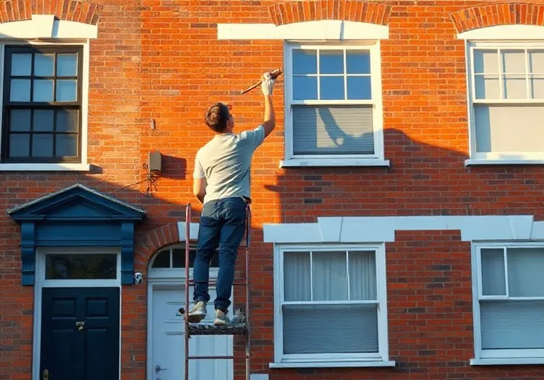 Peintre sur échafaudage traitant la façade d'une maison