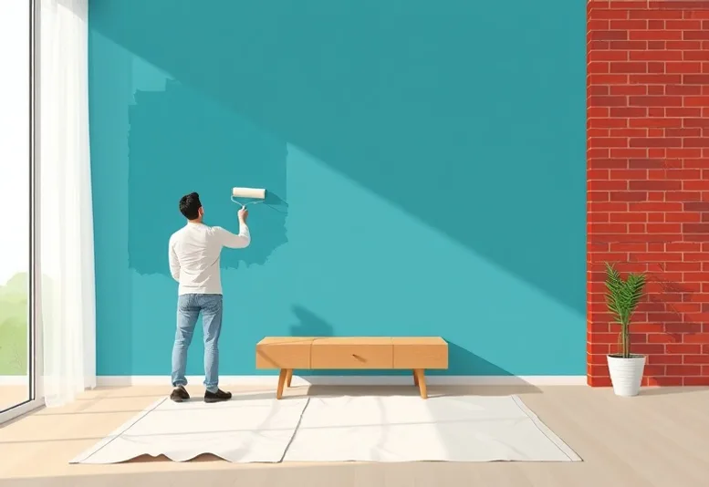 Peintre appliquant la peinture au rouleau sur un mur de salon
